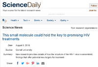 Science News　2018年8月9日（コーネル大学） This small molecule could hold the key to promising HIV treatments